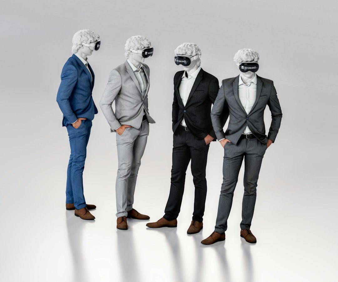 a group of three men in suits and masks