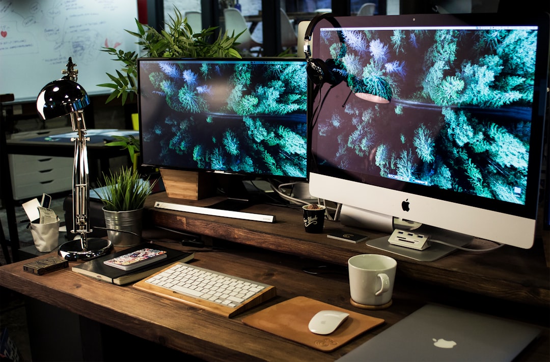 two computer monitors turned on with the same wallpaper