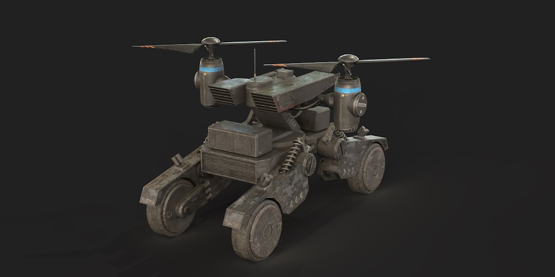A 3D model of a military vehicle on a black background