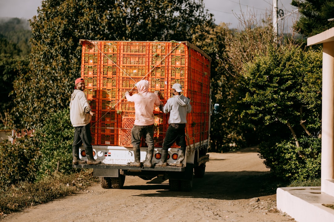 A group of people unloading a large box on the back of a truck
