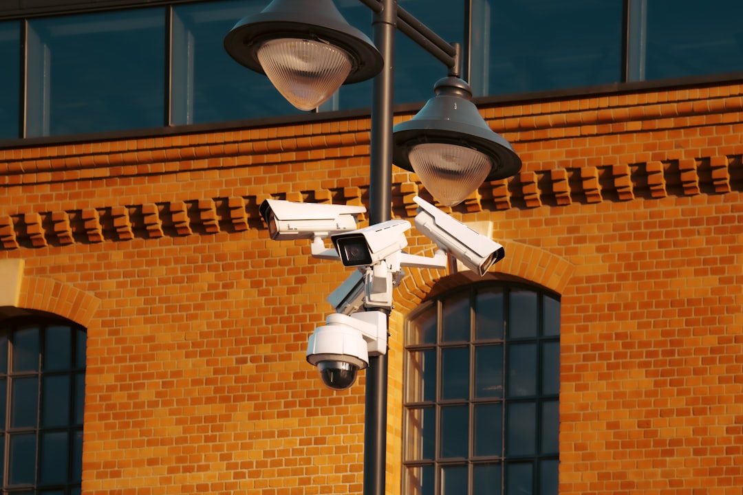 Surveillance cameras mounted on a lamp post.