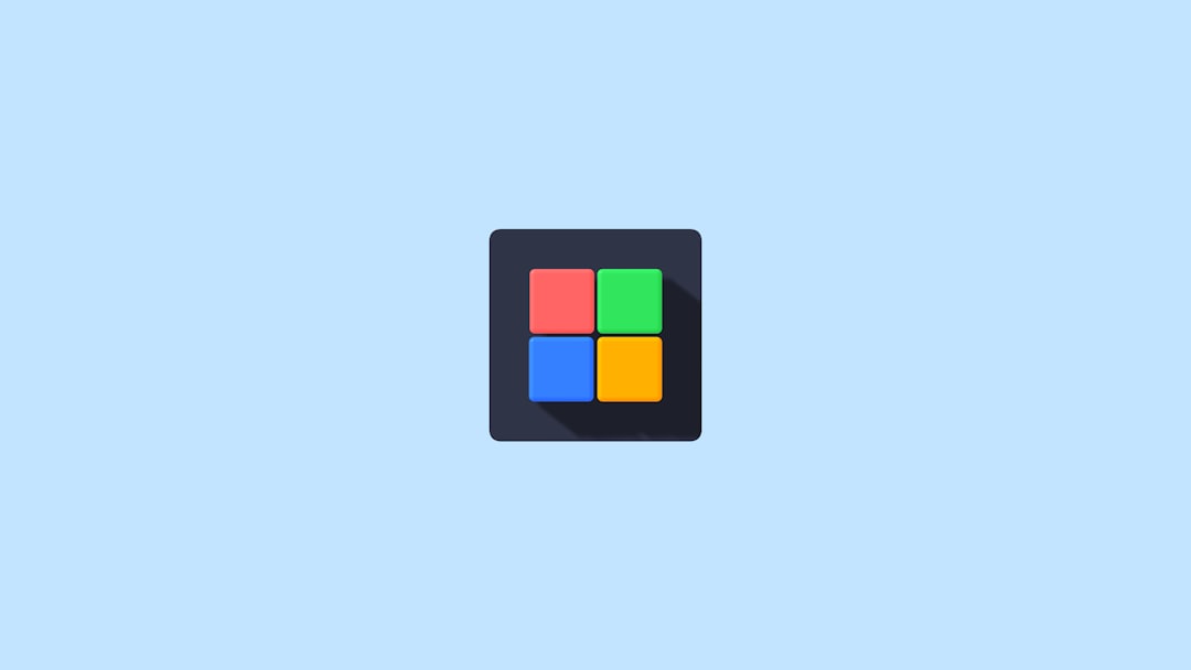 a blue background with a colorful square icon